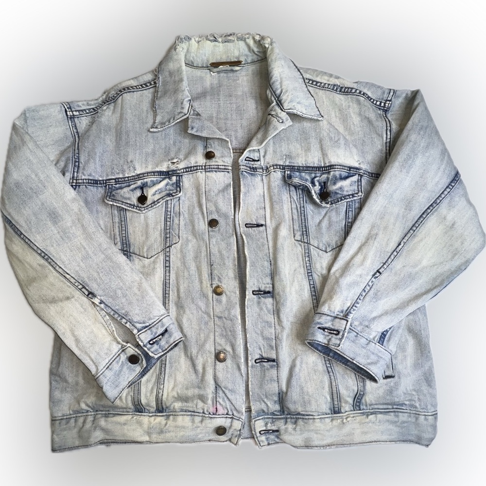 Free People Distressed Rough Collar Denim Jean jacket Women's Sz M/L Blue Spring